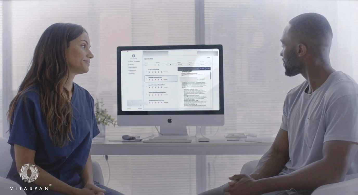 A clinician and patient in consultation with Vitaspan displayed on a monitor.