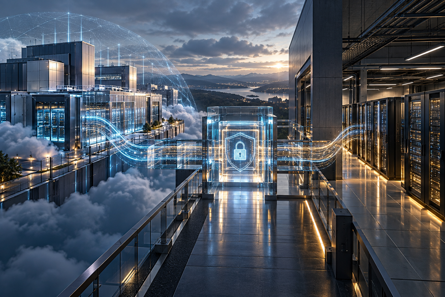 Illustration of sovereign cloud and on-premises data centers linked through a secure gateway