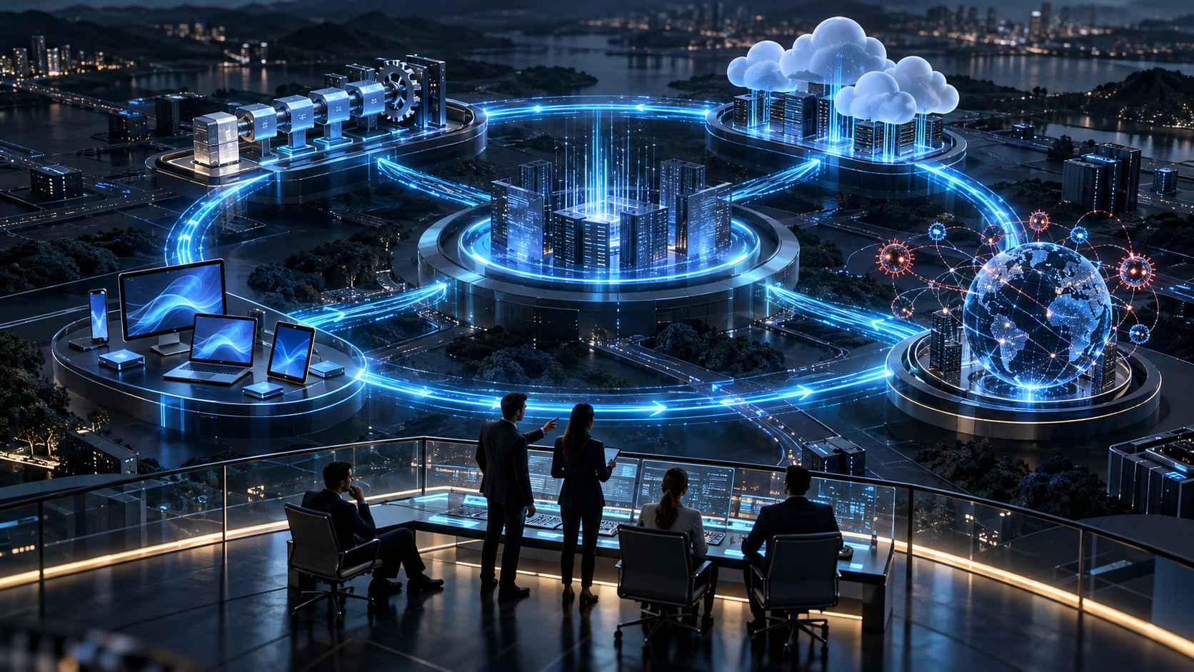 Illustration of a continuous cyber defense loop connecting cloud, software pipelines, devices and human security operators