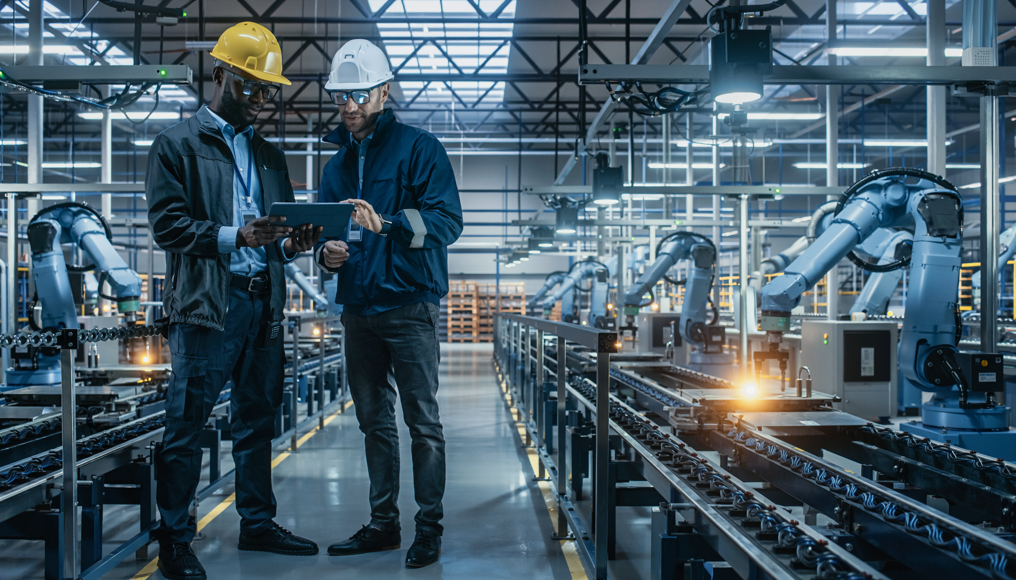 Engineers reviewing a tablet beside parallel automated production lines in a modern factory