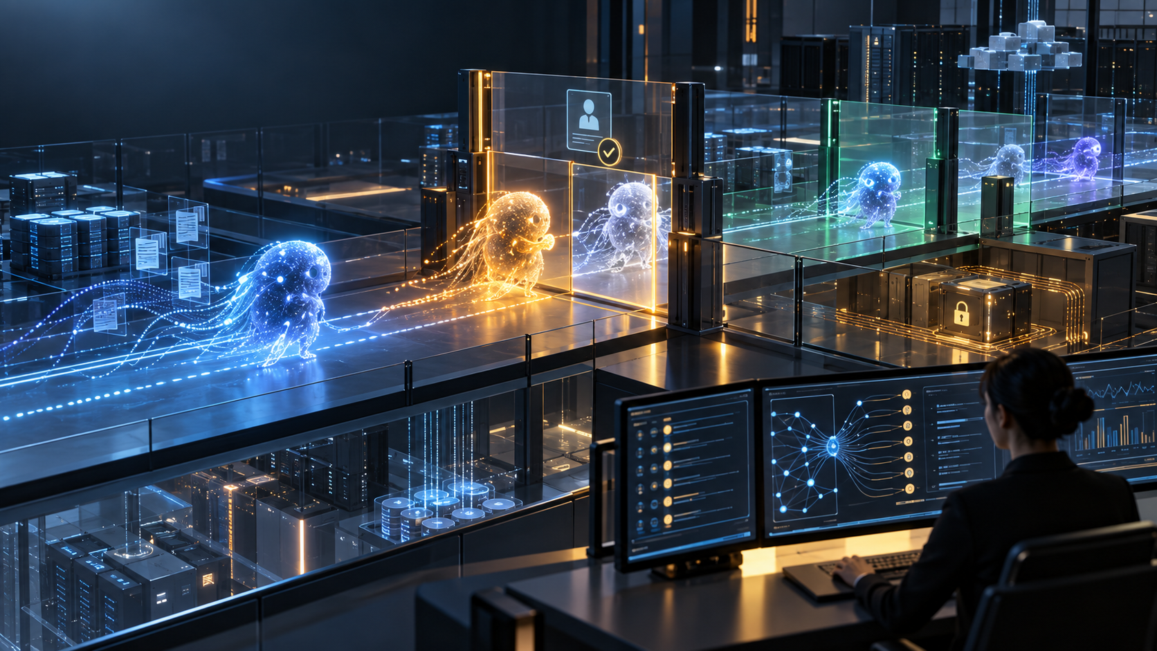 Editorial illustration of autonomous AI agents moving through identity, permission and monitoring controls