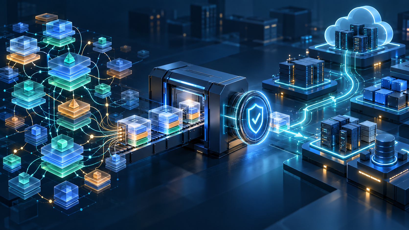 Editorial illustration of software components passing through provenance verification into enterprise infrastructure