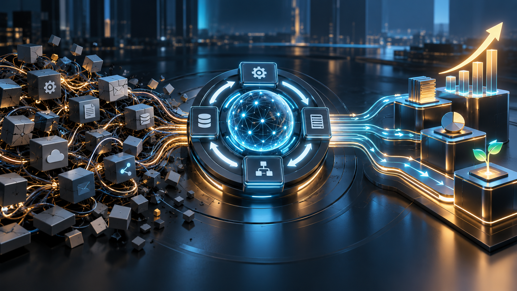 Editorial illustration of fragmented AI tasks being reorganized into a governed workflow that produces measurable business outcomes