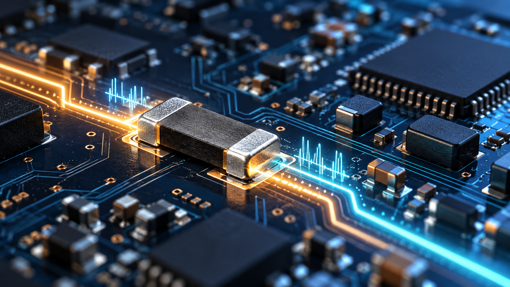 AI-generated illustration of a current-sense resistor monitoring power flow on a compact circuit board