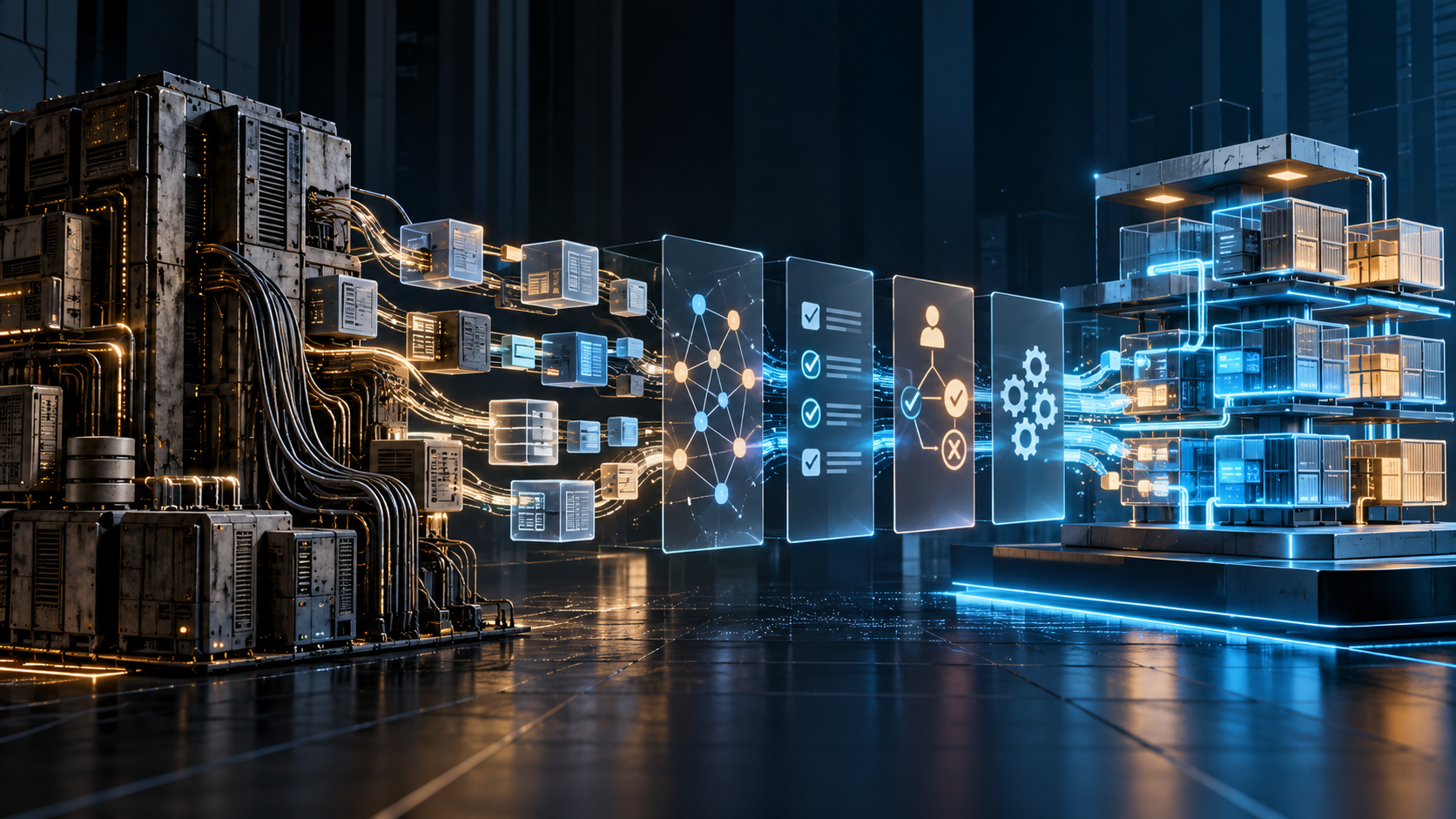 AI-generated illustration of legacy enterprise systems moving through governed modernization stages into a modular cloud platform