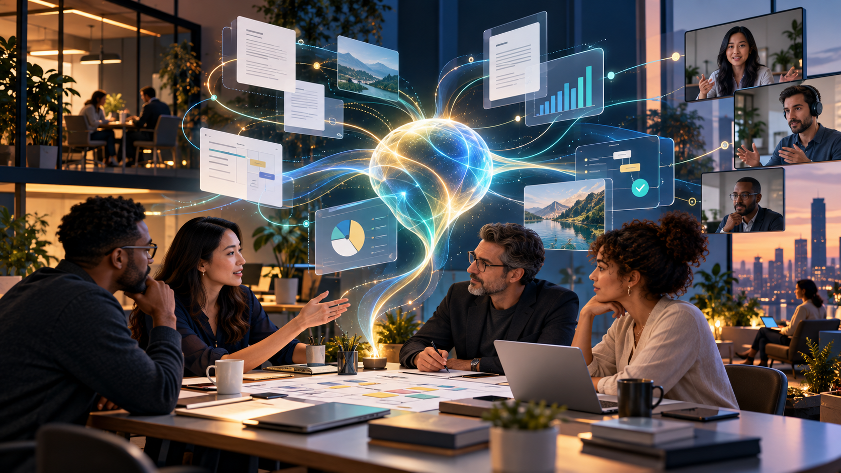 AI-generated editorial illustration of a business team collaborating with an abstract AI teammate across shared documents, analytics and workflows