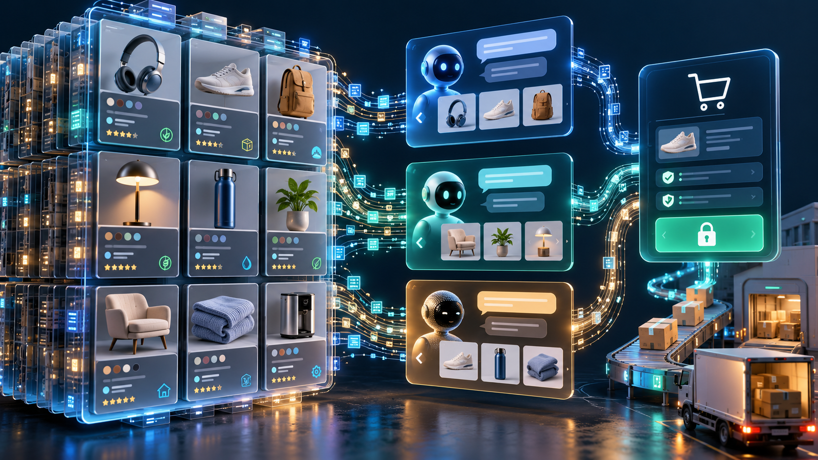 AI-generated editorial illustration of structured product data flowing into conversational shopping agents, secure checkout and fulfillment