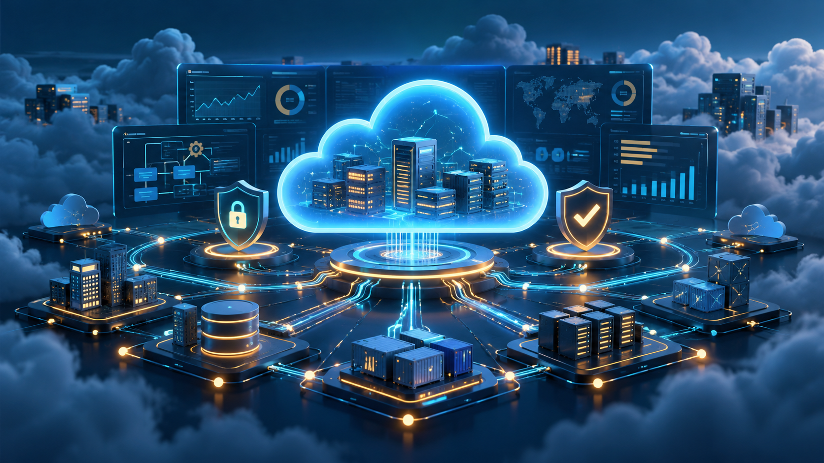Illustration of a secure enterprise cloud operations control plane with monitoring dashboards, protected workloads and automated connections