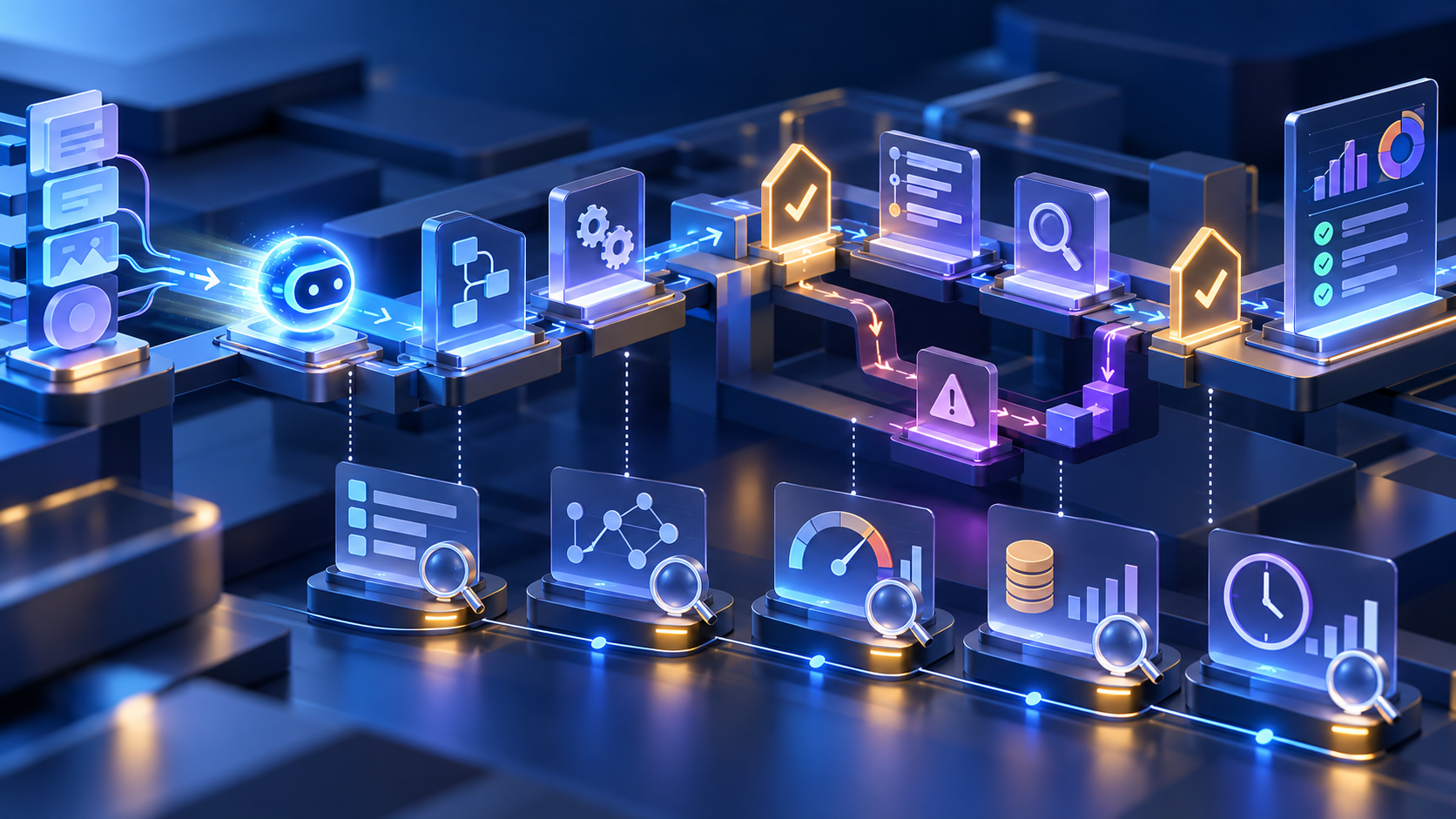 AI-generated editorial illustration of an AI agent moving through operational workflow tests, exception paths and outcome verification checkpoints