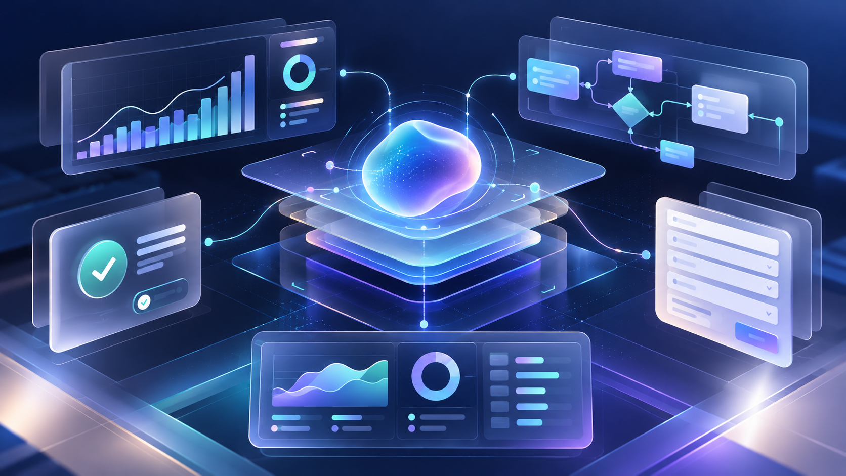 AI-generated editorial illustration of modular interface panels assembling around an adaptive software core