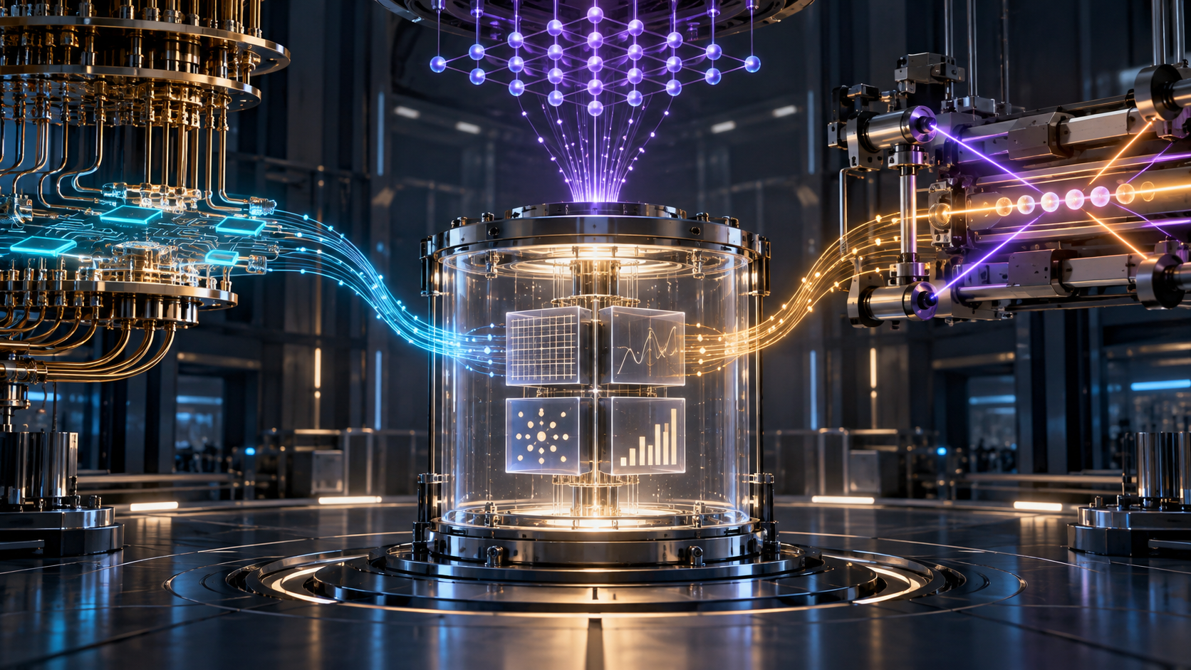 AI-generated illustration of multiple quantum-computing architectures converging on an independent verification chamber