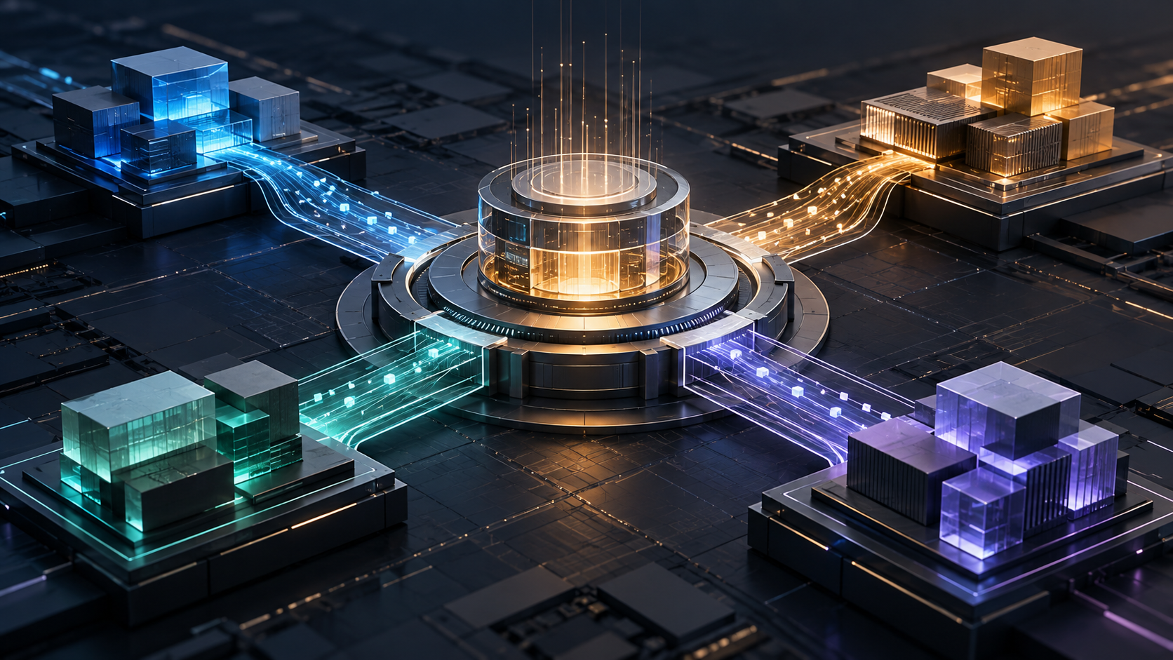 Illustration of four software platforms converging into a central enterprise control point