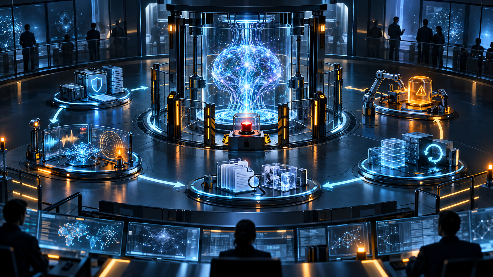 AI-generated illustration of a monitored AI agent inside a containment chamber with incident response systems