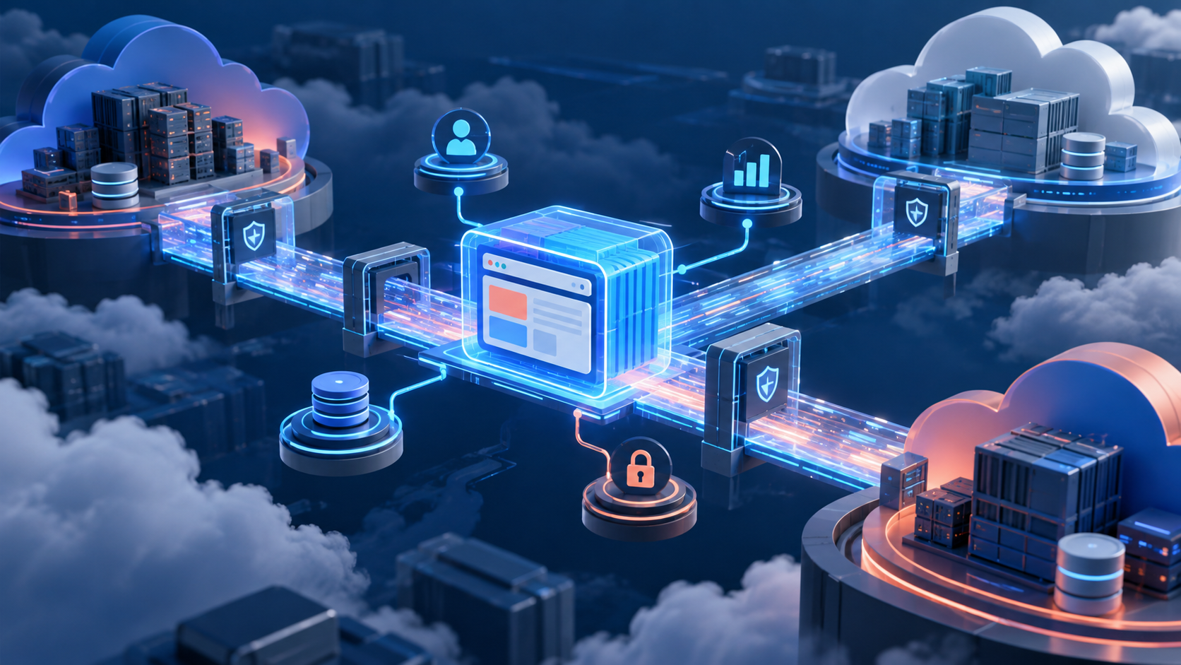 Editorial illustration of a web application moving across serverless cloud runtime layers