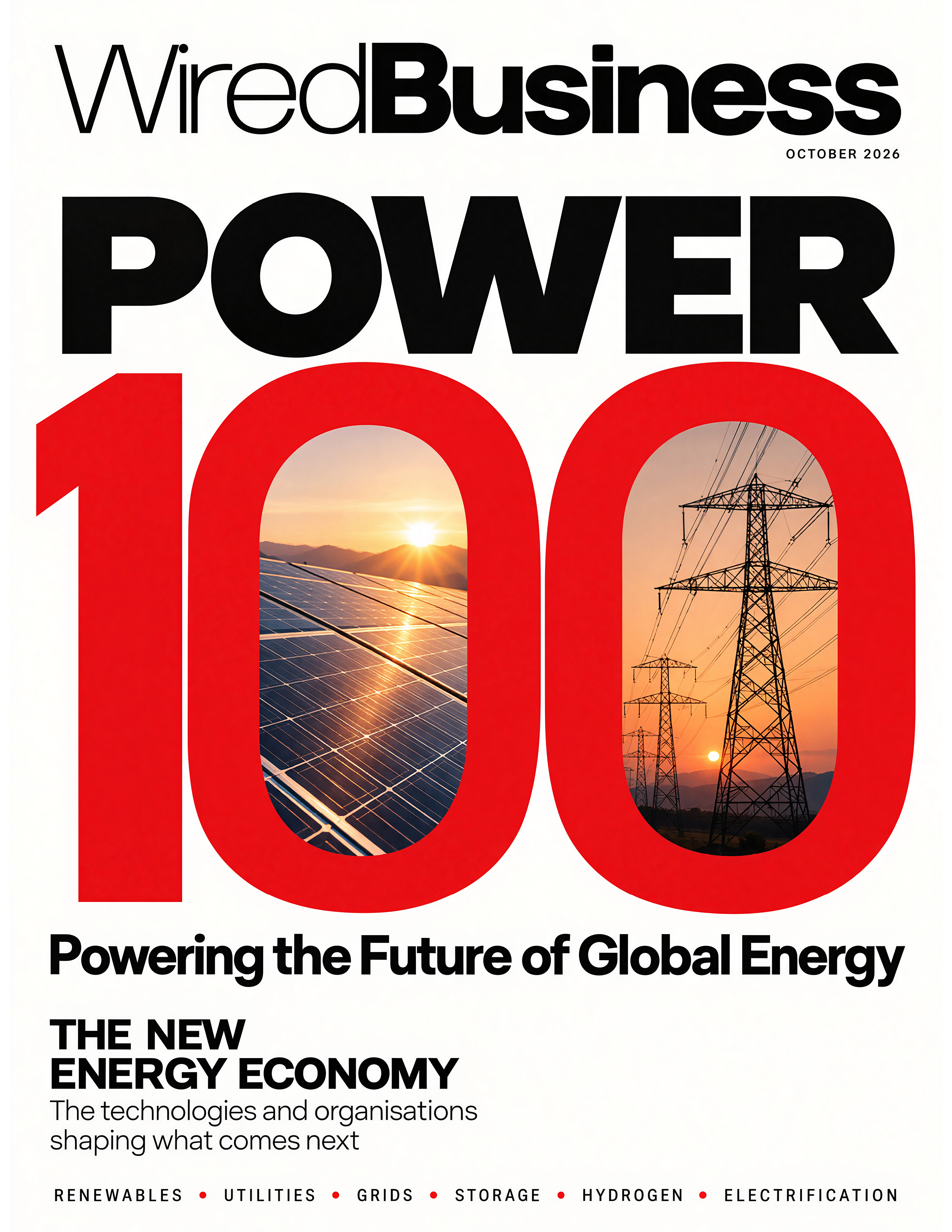 WiredBusiness magazine cover for October 2026, titled "POWER 100: Powering the Future of Global Energy" featuring solar panels and power lines inside the large number 100.