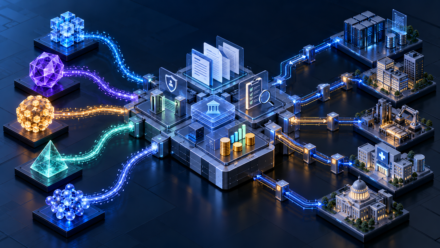 Editorial illustration of multiple AI model options flowing through enterprise procurement, governance and deployment controls