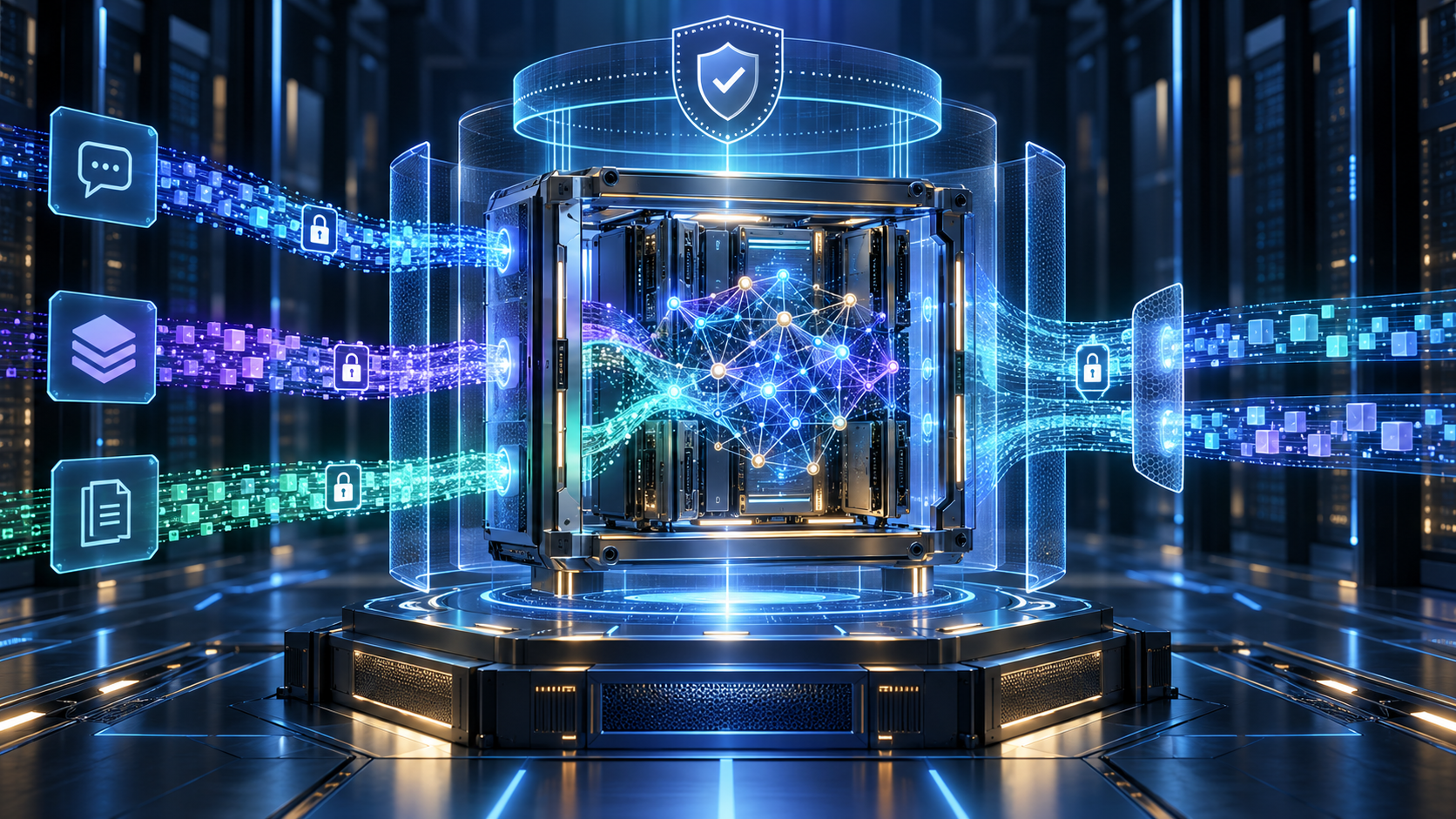 Illustration of encrypted data and AI workloads processed inside a hardware-secured confidential computing environment