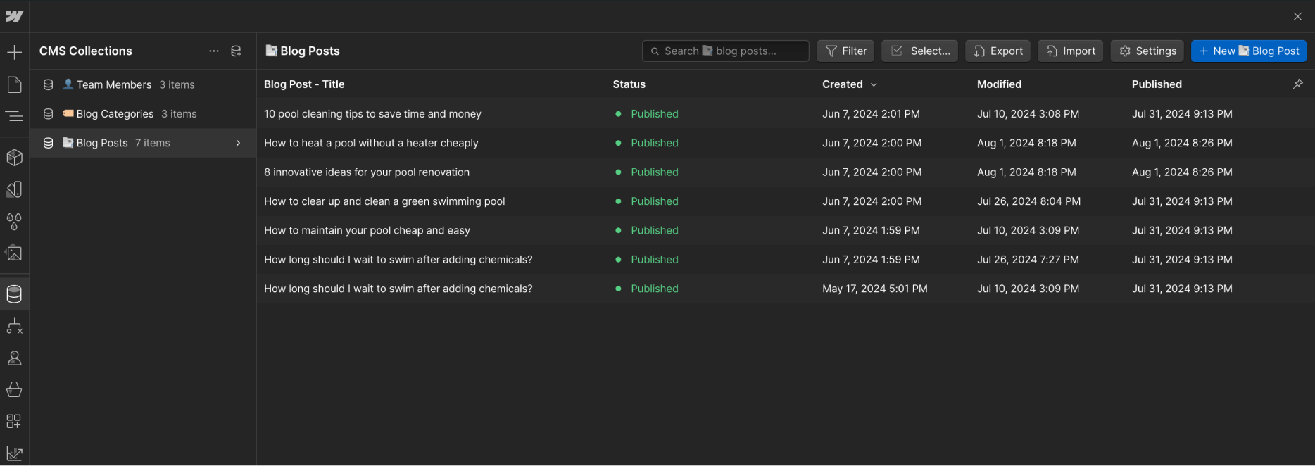 CMS Collection - Pool X Webflow Template