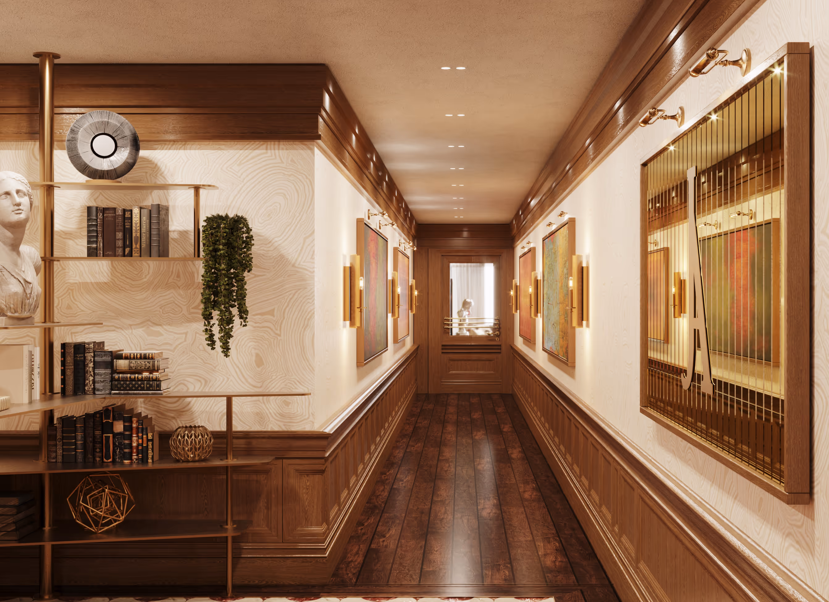 Elegant residential hallway with wood paneling, decorative art, and bookshelves, leading to a main lobby area at Jefferson Arms in St. Louis, MO.