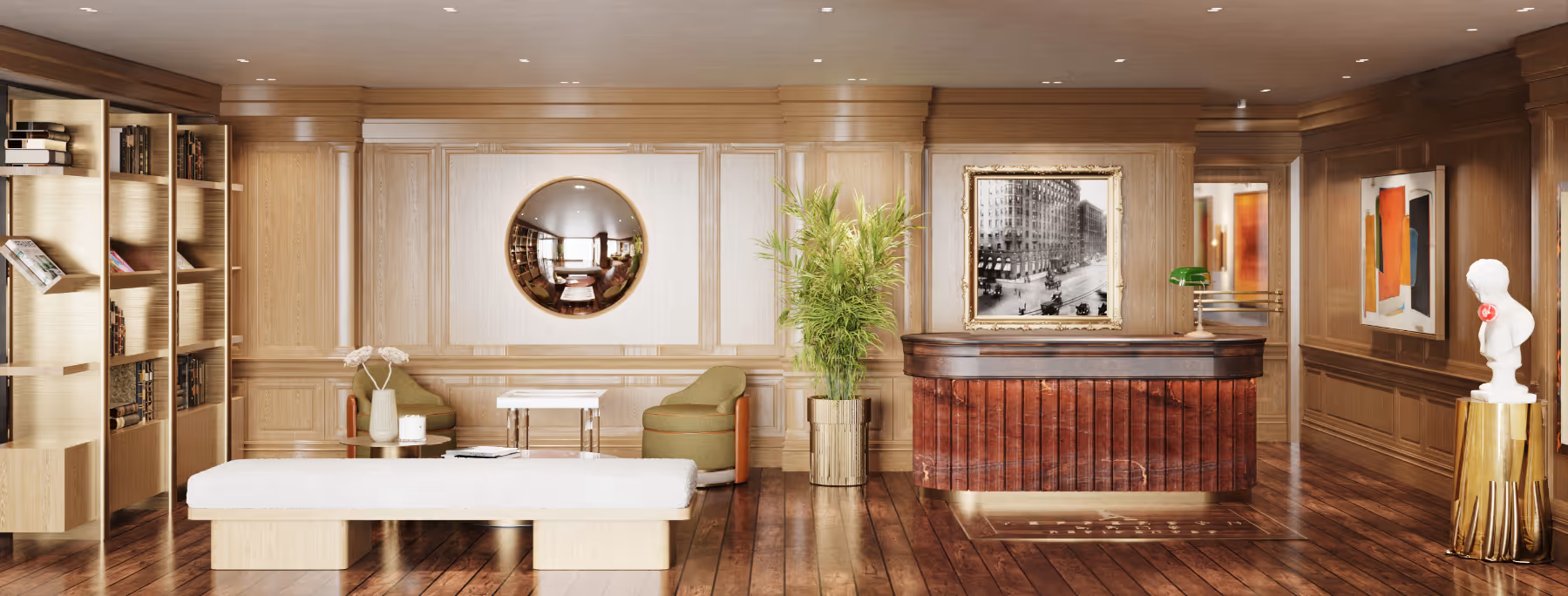 Grand resident lobby with a unique front desk, bookshelves, and a lounge area, showcasing the luxurious feel of Jefferson Arms in St. Louis, MO.