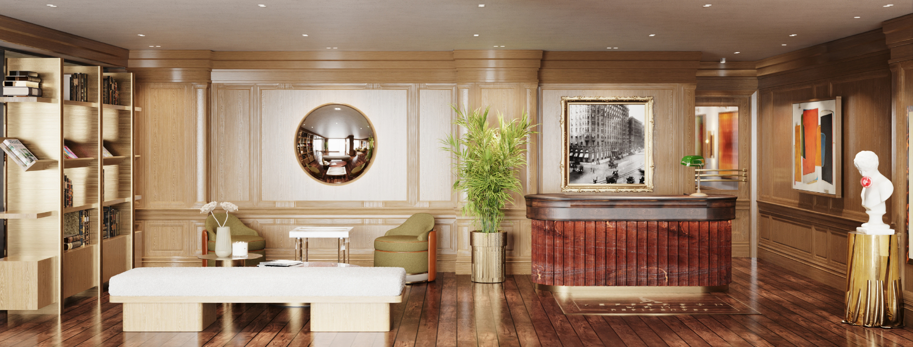 Jefferson Arms Residences front desk rendering and sitting area