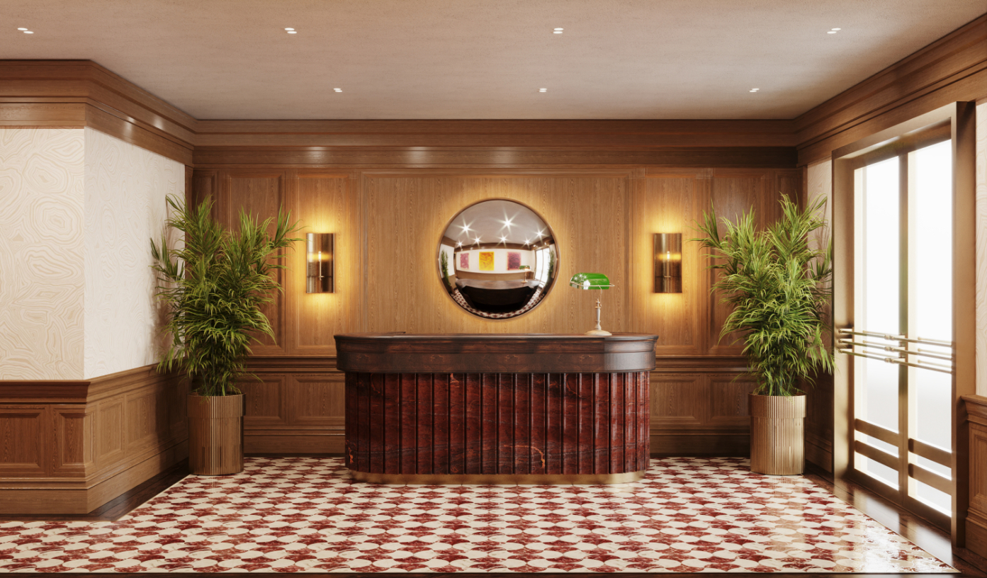 Jefferson Arms Residences front desk rendering