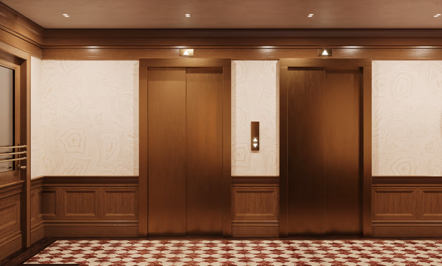 Main residential elevator lobby with wood paneling, classic patterned flooring, and two elevators at Jefferson Arms in St. Louis, MO.