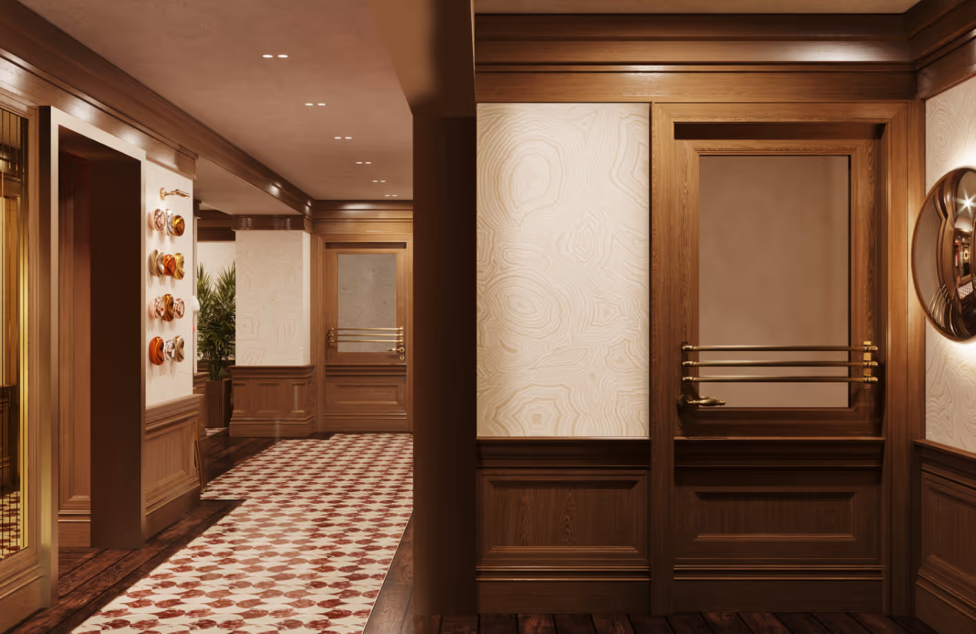 Hallway and elevator lobby with rich wood paneling, decorative art, and a patterned floor at Jefferson Arms in St. Louis, MO.