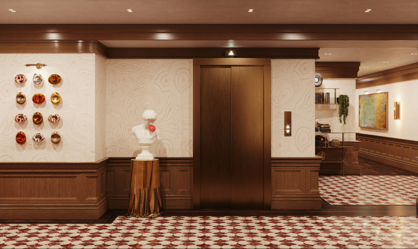 Jefferson Arms Residences hallway with elevator rendering
