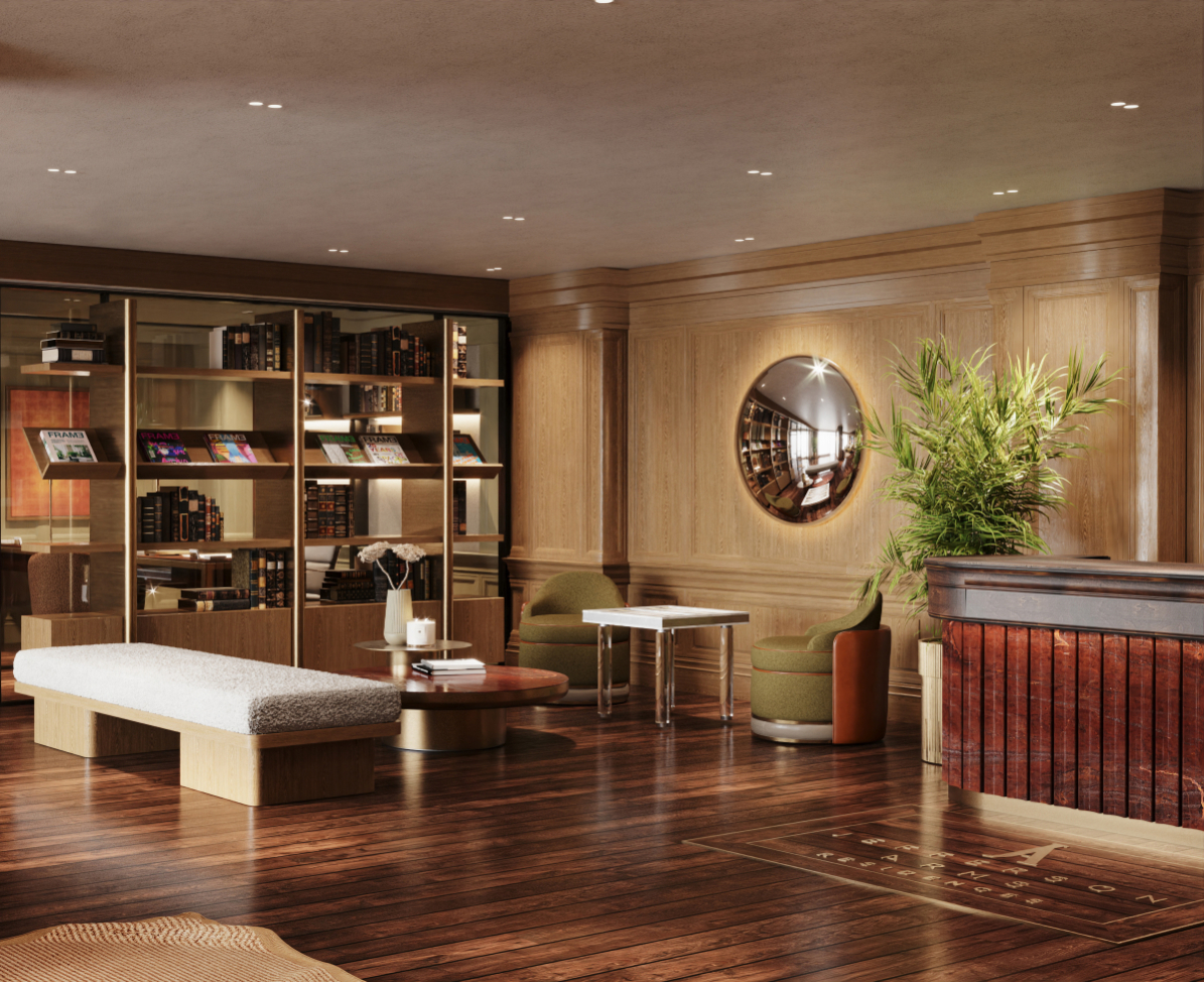Jefferson Arms Residences lobby sitting area with bookshelf rendering