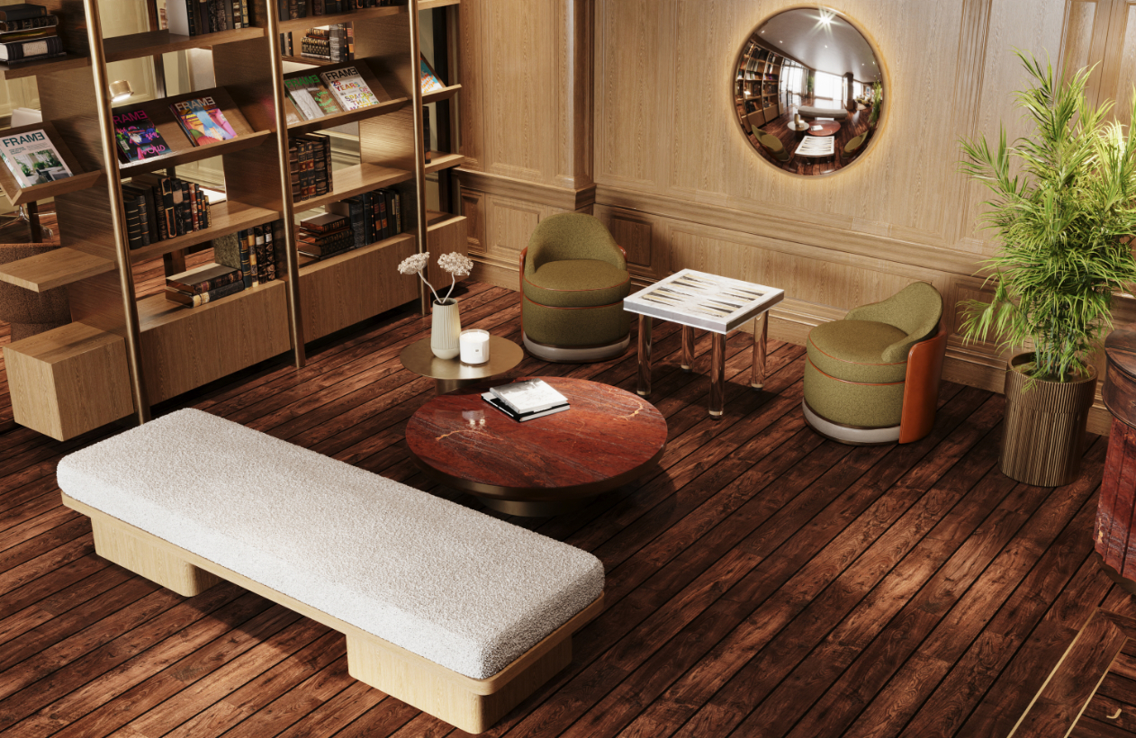 Jefferson Arms Residences lobby sitting area with bookshelf rendering