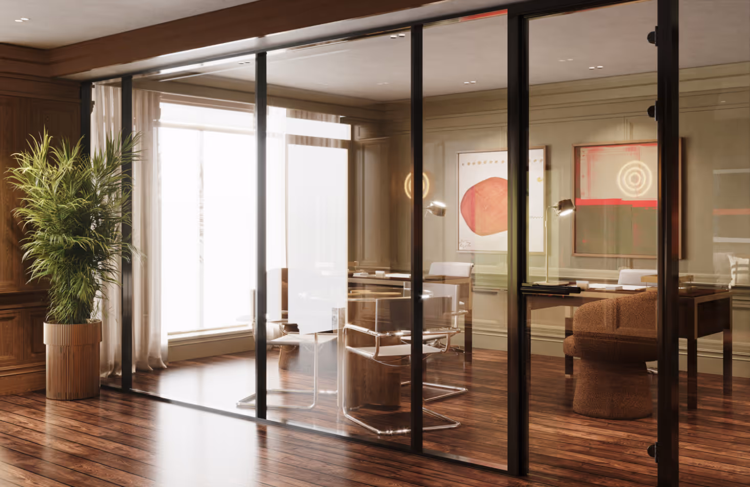 Elegant co-working space with private glass-walled offices and rich wood floors, a premium amenity at Jefferson Arms in St. Louis, MO.