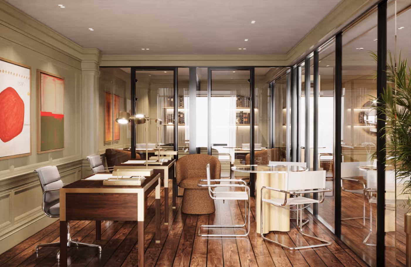 Spacious resident co-working lounge with private offices and large desks, offering a productive space at Jefferson Arms in St. Louis, MO.