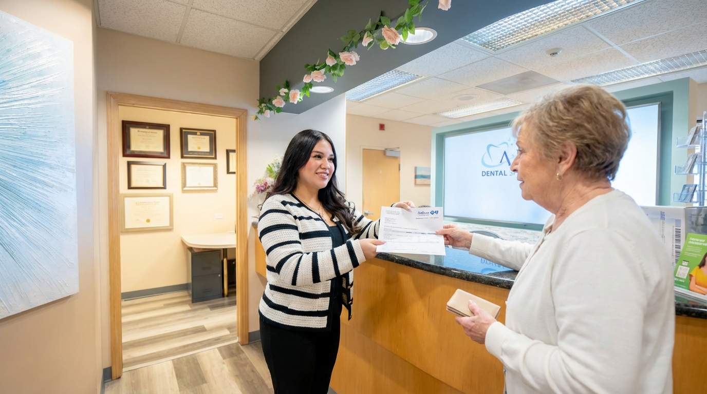 Front desk staff assisting a patient with Anthem insurance paperwork at Ahn Dental Specialists in Redondo Beach, CA