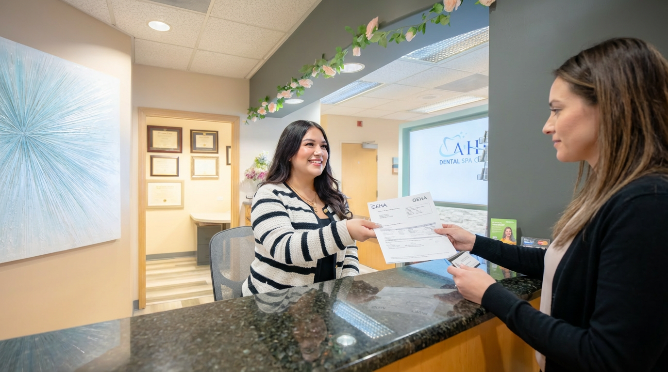 Front desk staff assisting a patient with GEHA insurance documents at Ahn Dental Specialists in Redondo Beach, CA
