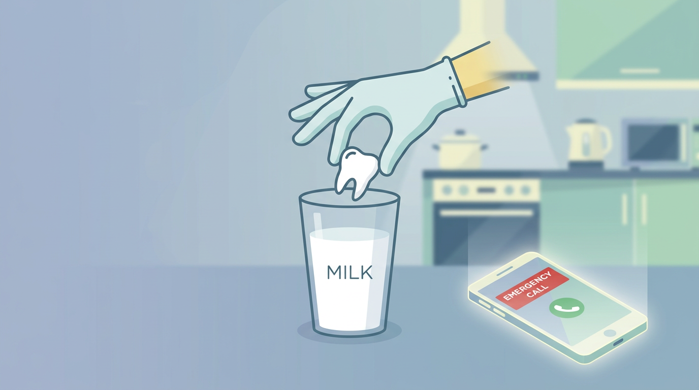 A stylized illustration of a person's hand carefully placing a knocked-out tooth into a small glass of milk.