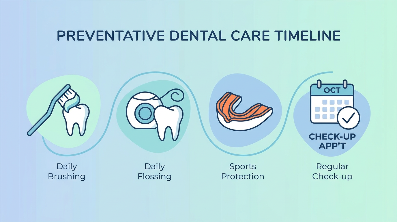 An illustration depicting a timeline of preventative dental care: a smiling person brushing their teeth, another person flossing, a mouthguard symbolizing sports protection, and a calendar with a marked "check-up" appointment.