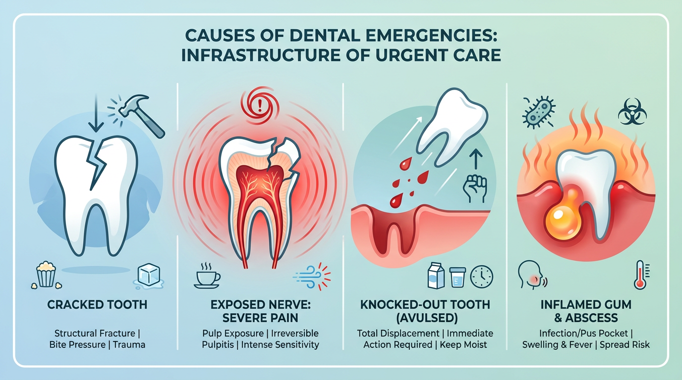 An infographic style digital painting illustrating various causes of dental emergencies: a cracked tooth, a tooth with an exposed nerve (severe pain represented by red pulsations), a knocked-out tooth, and an inflamed gum with an abscess.