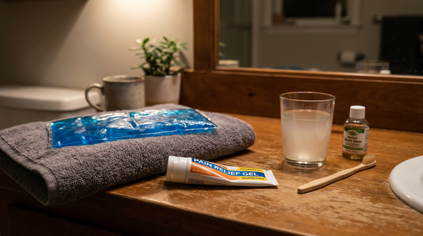 A close-up shot of a bathroom counter with various items for temporary pain relief: a tube of over-the-counter pain medication, a cold compress resting on a small towel, and a glass of warm salt water with a toothbrush beside it.