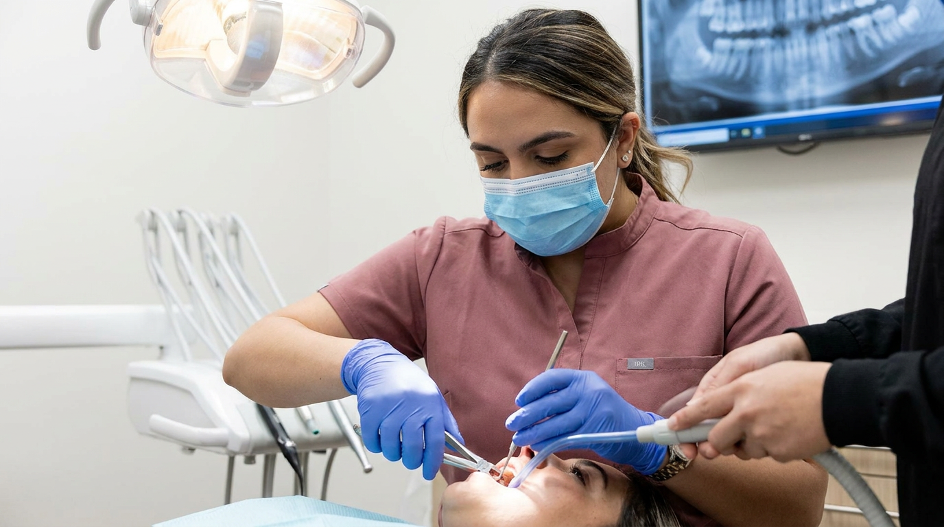 Dr. Alex Franco, wearing clinical scrubs and a surgical mask, is carefully performing an emergency tooth extraction.