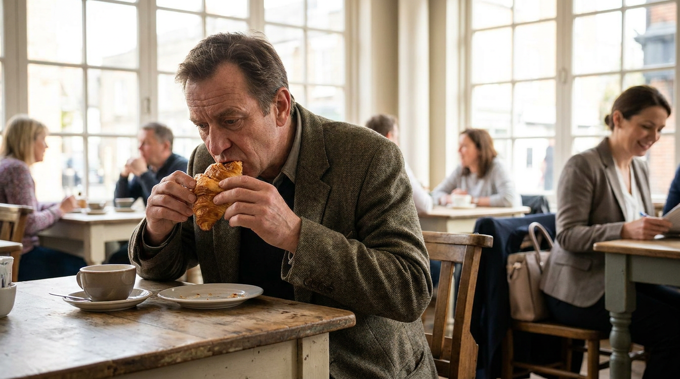 Jack, is sitting in a sun-drenched cafe, cautiously bringing a small piece of croissant to his mouth, concentrating on his chew.