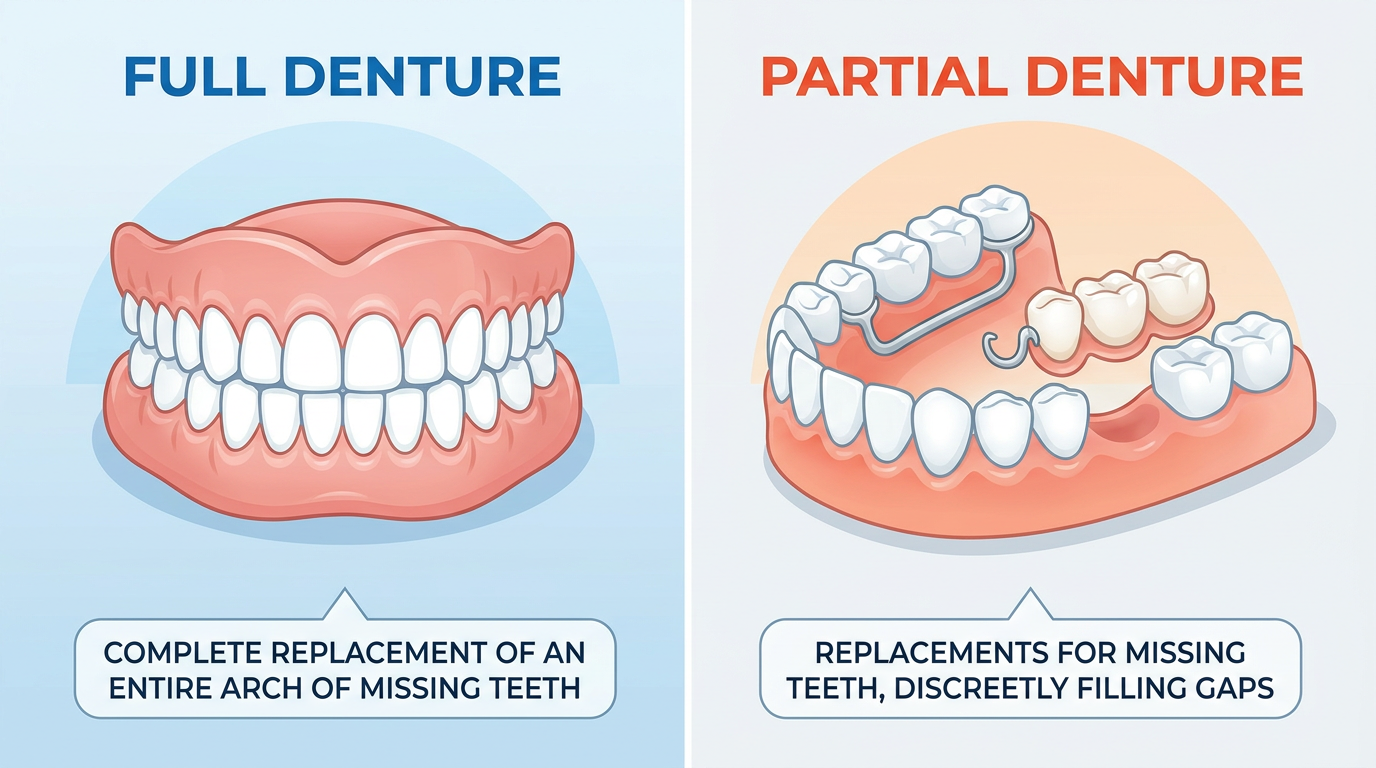 A split-screen infographic illustrates the difference between full and partial dentures.