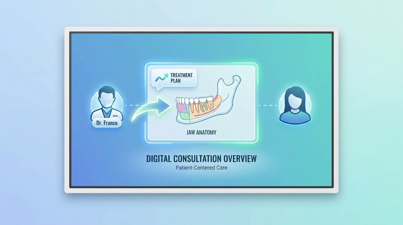 Dr. Alex Franco, in a modern dental office consults with Jack, pointing to a diagram of the human jaw on a wall-mounted screen.