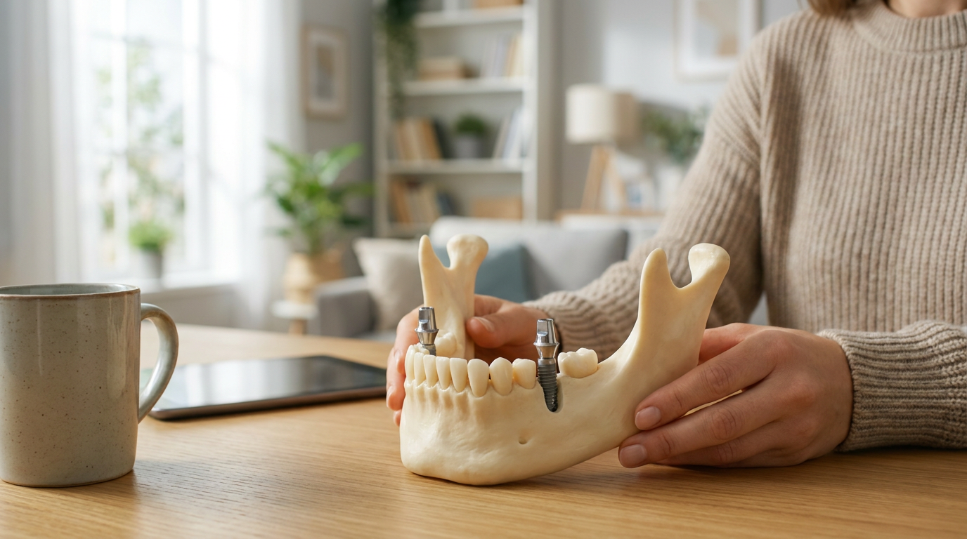 A close-up of a model jaw bone with two dental implants clearly visible, topped with abutments ready for denture attachment.