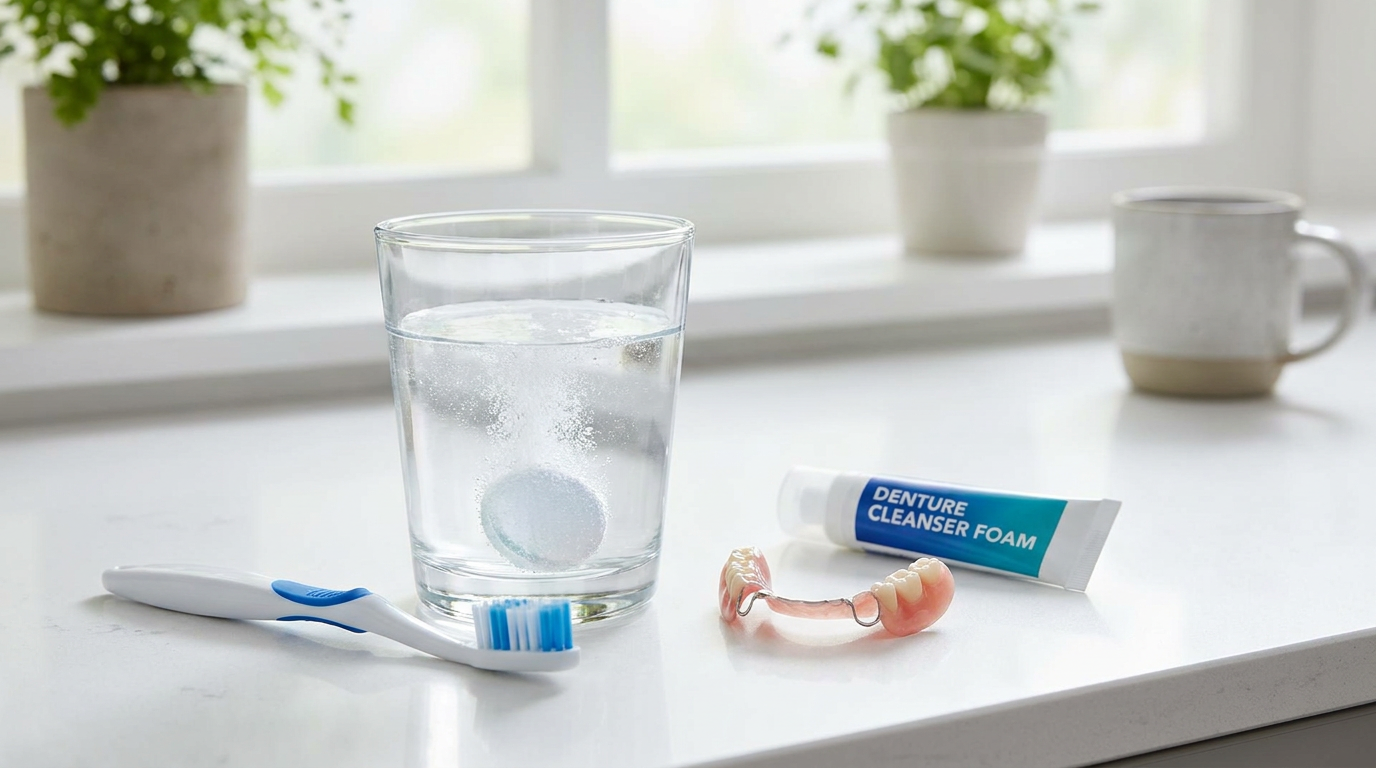 A clear glass of water with a denture overnight soaking tablet, a denture brush, and a partial denture resting on a clean, white counter beside a small tube of denture cleanser foam.
