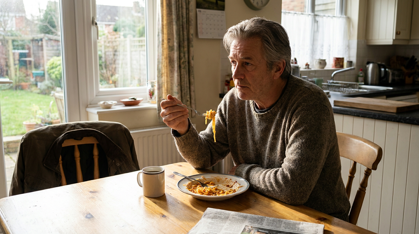 Jack, sits at a kitchen table, looking thoughtfully at a half-eaten plate of pasta, a fork paused mid-air.