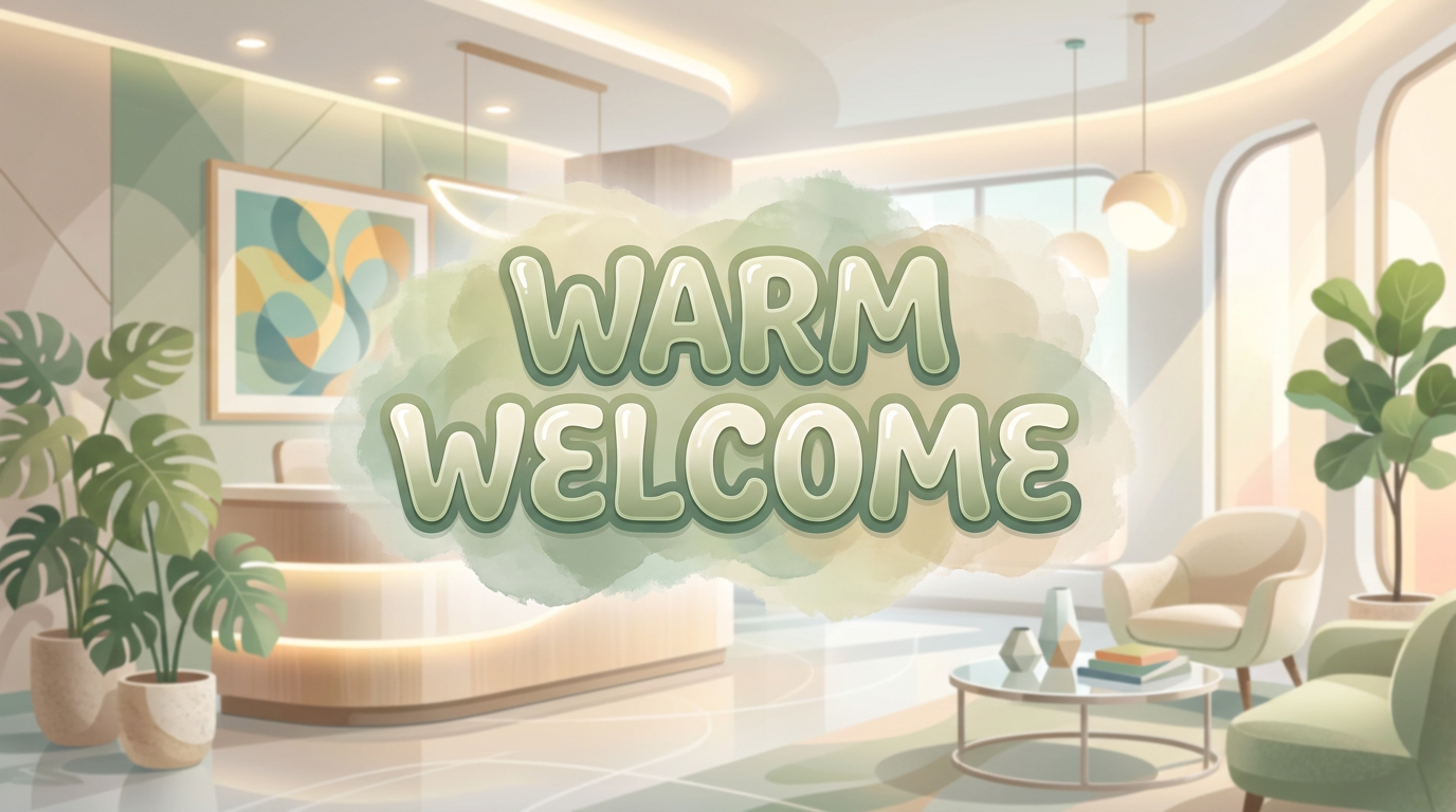 One-phrase callout: "WARM WELCOME" in friendly, rounded font, with a soft, inviting color palette of muted greens and creams, overlaid on a blurred image of a bright, contemporary dental reception area.