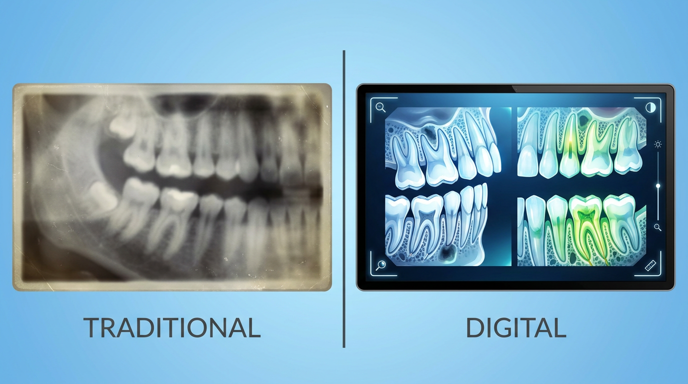 Minimal-text infographic: A split screen comparing traditional X-ray film (left, dim, slightly blurry) with a clear, brightly lit digital dental image on a computer monitor (right).