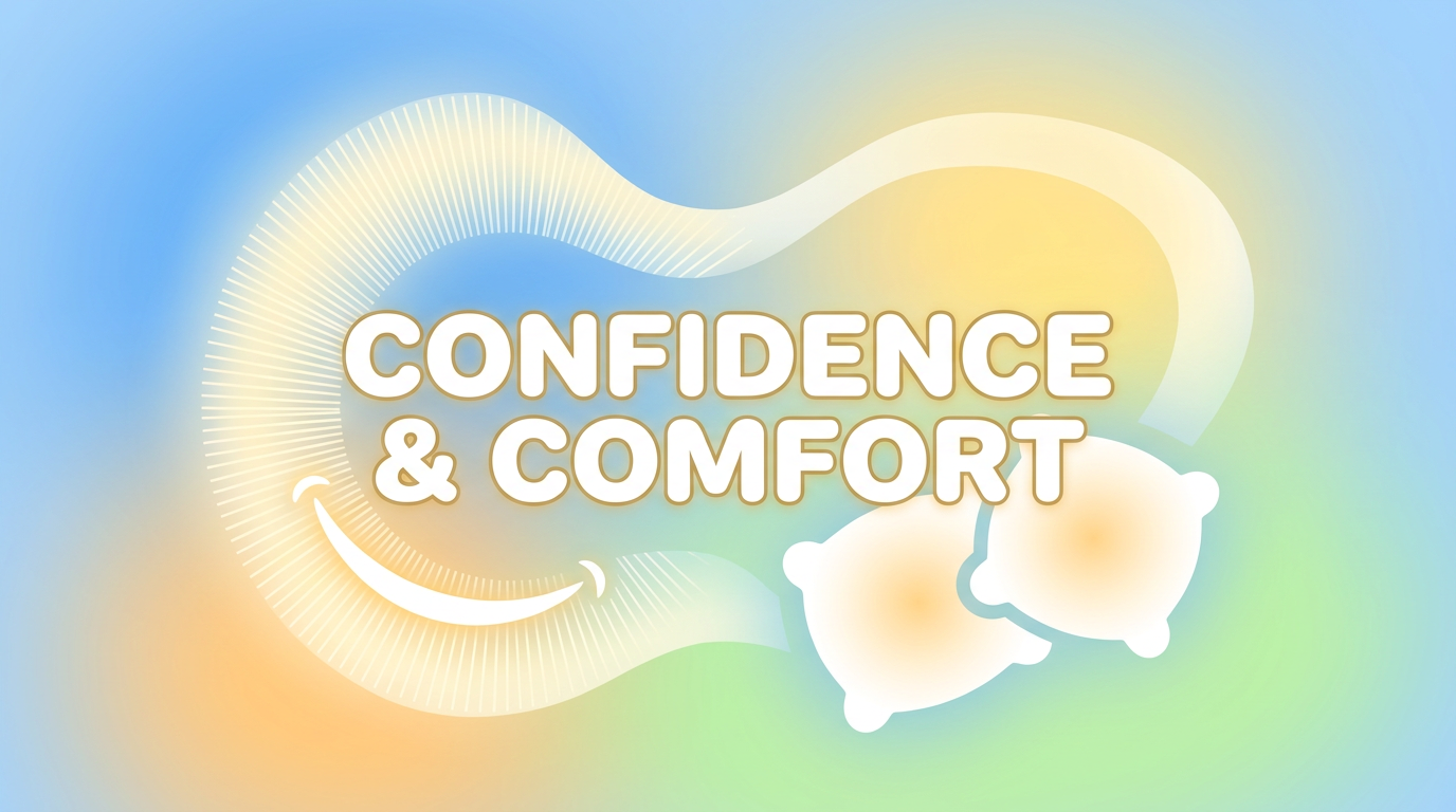 One-phrase callout: "CONFIDENCE & COMFORT" in a bold, uplifting font, against a blurred background of a relaxed person smiling, with a subtle, healthy glow.