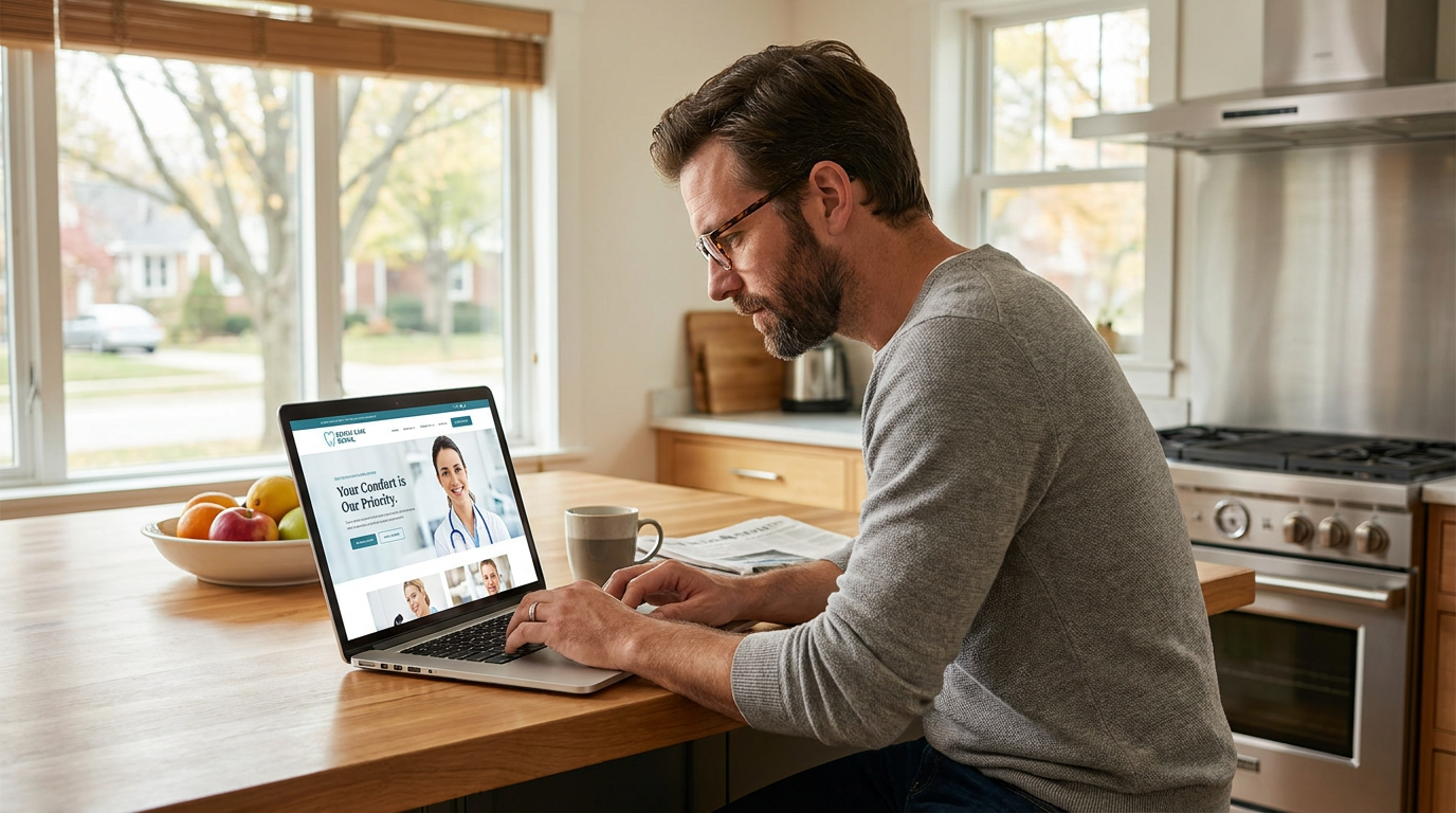Photorealistic lifestyle dental scene: Daniel,
sits at a kitchen island, focused intently on a laptop screen, displaying a dental practice website that emphasizes patient comfort.